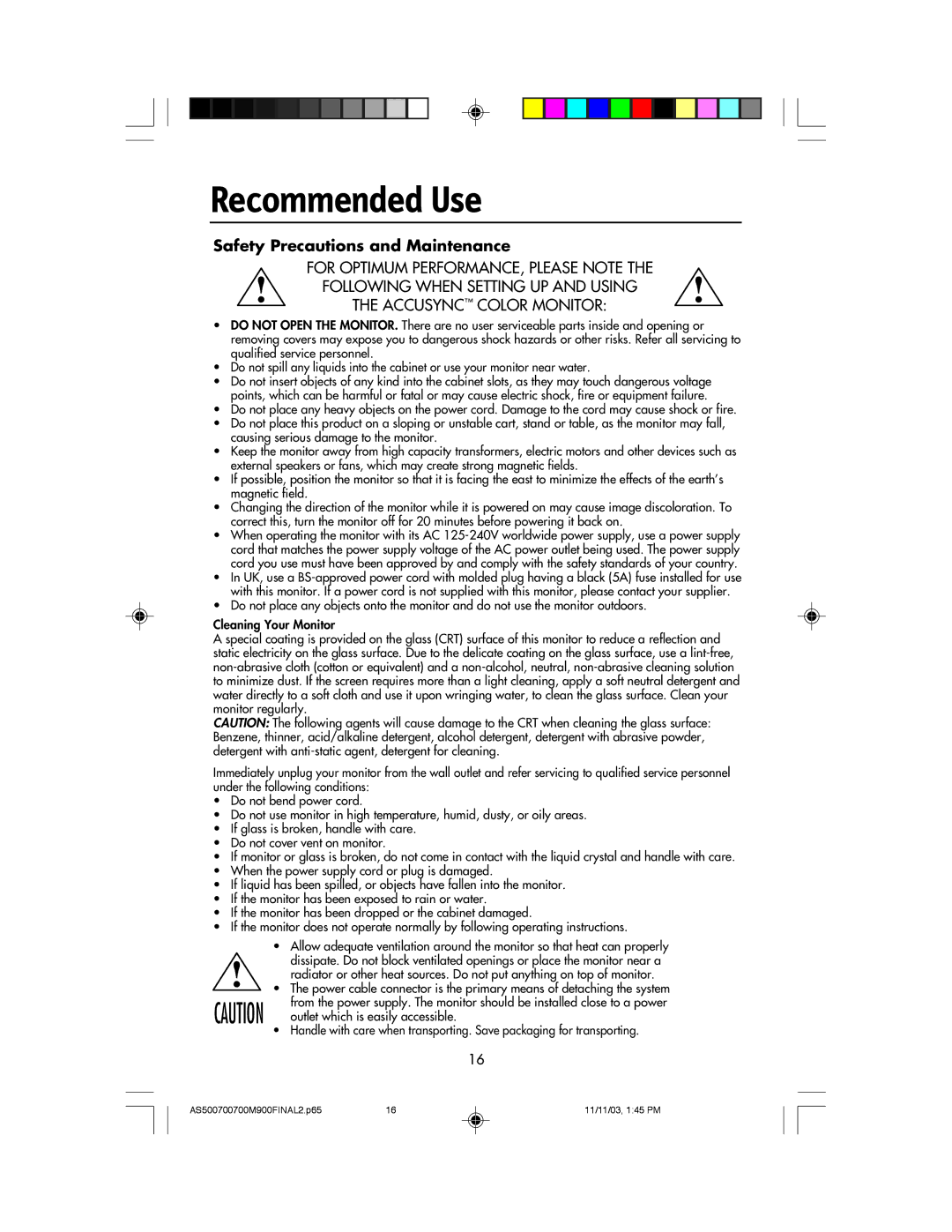 NEC 500, 700, 700M, 900 manual Recommended Use, ACCUSYNCª Color Monitor 