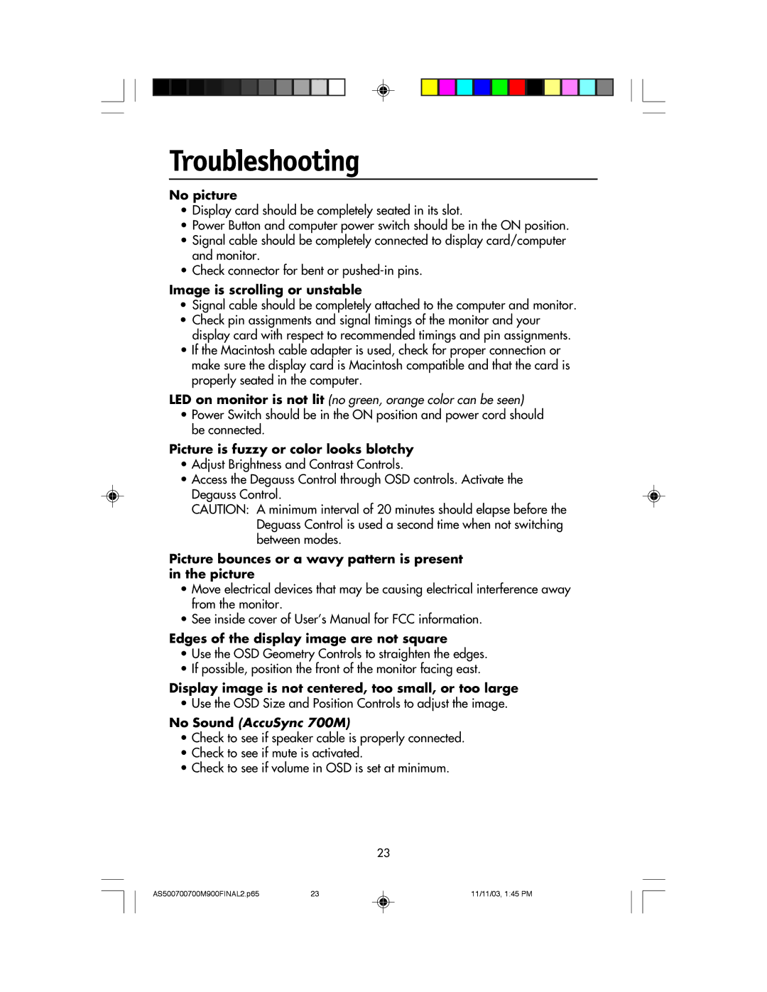 NEC 500, 700, 700M, 900 manual Troubleshooting, No picture 