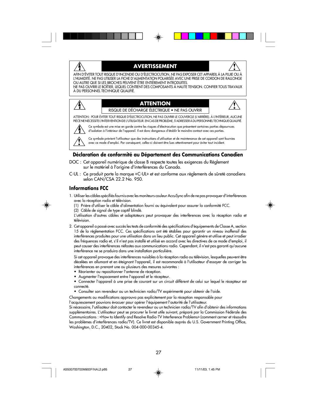 NEC 500, 700, 700M, 900 manual Avertissement 