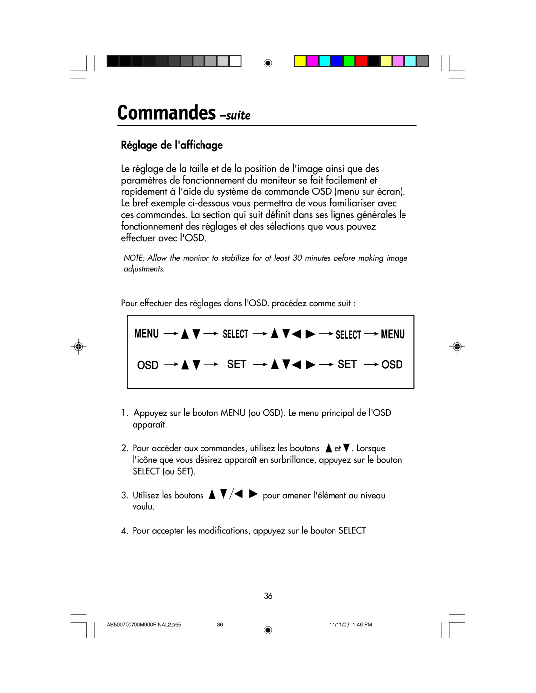 NEC 500, 700, 700M, 900 manual Commandes -suite, Réglage de laffichage 