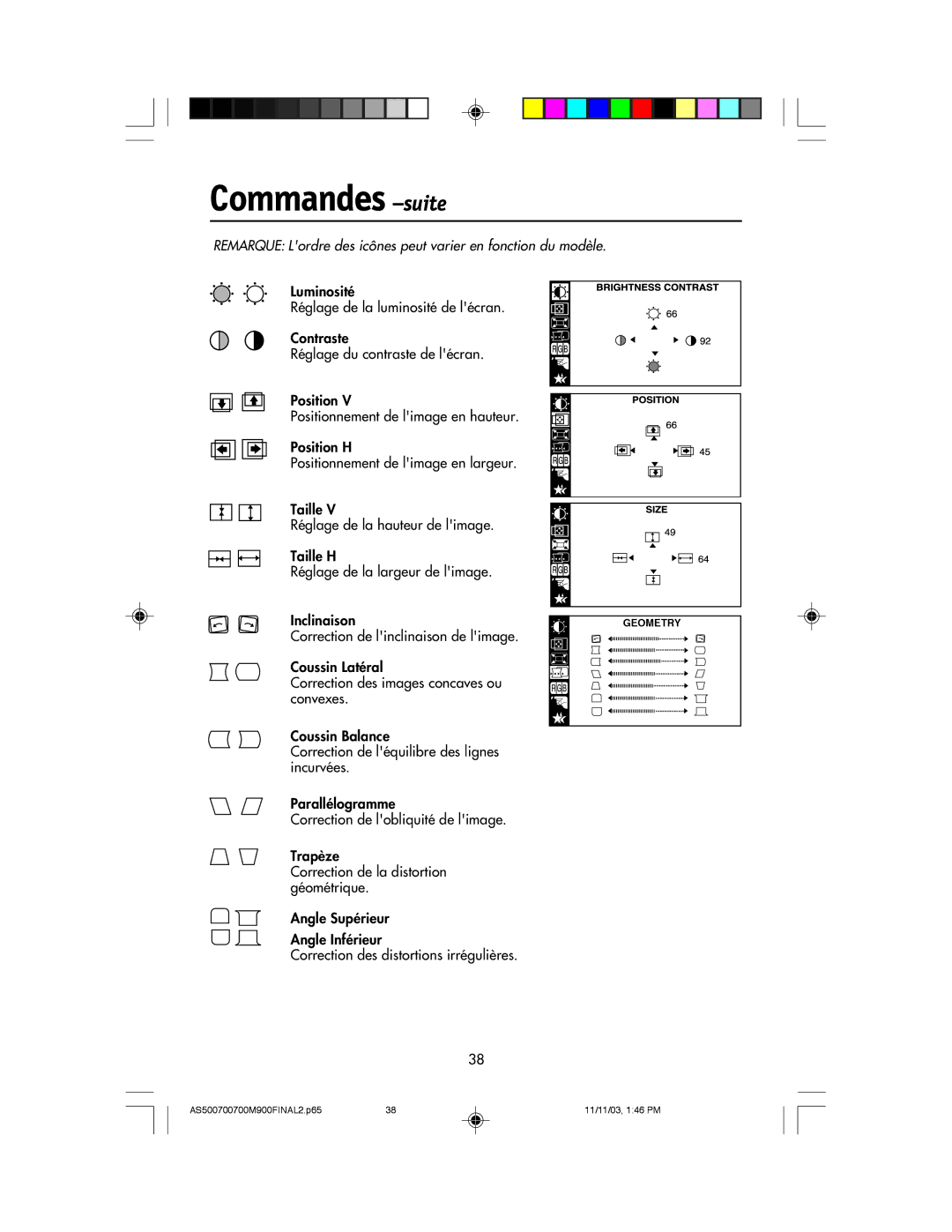 NEC 500, 700, 700M, 900 manual Remarque Lordre des icnes peut varier en fonction du modle 