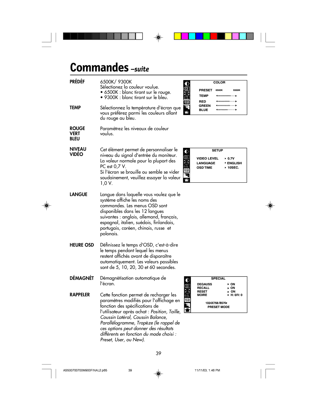 NEC 500, 700, 700M, 900 manual Prédéf, Rouge, Vert, Bleu Niveau, Vidéo, Langue, Heure OSD, Démagnét, Rappeler 