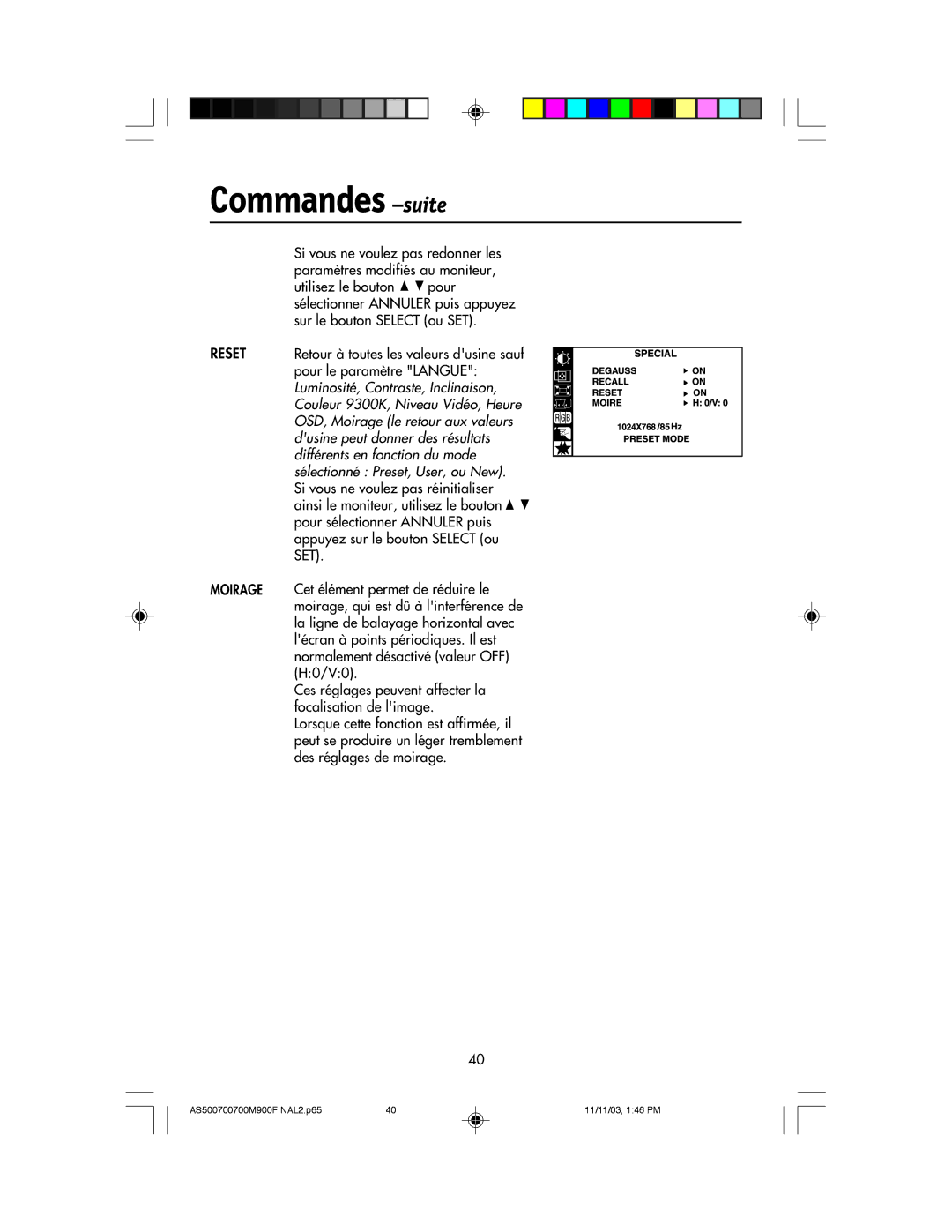 NEC 500, 700, 700M, 900 manual Reset Moirage 