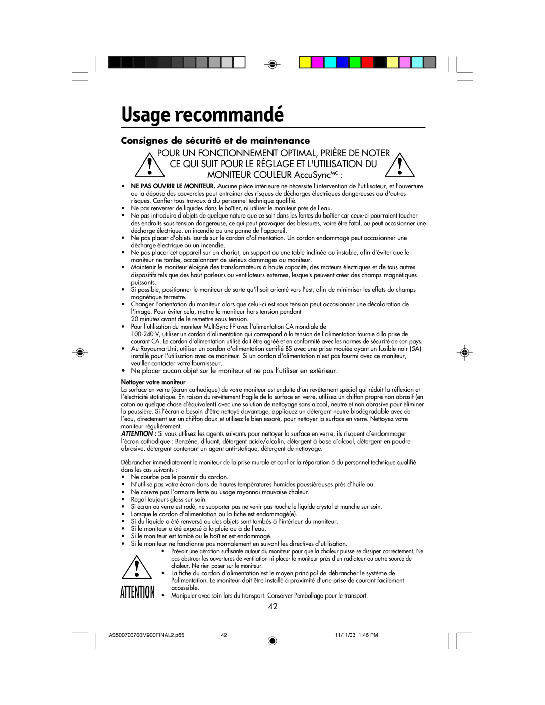 NEC 500, 700, 700M, 900 manual Usage recommandé, Consignes de sécurité et de maintenance 