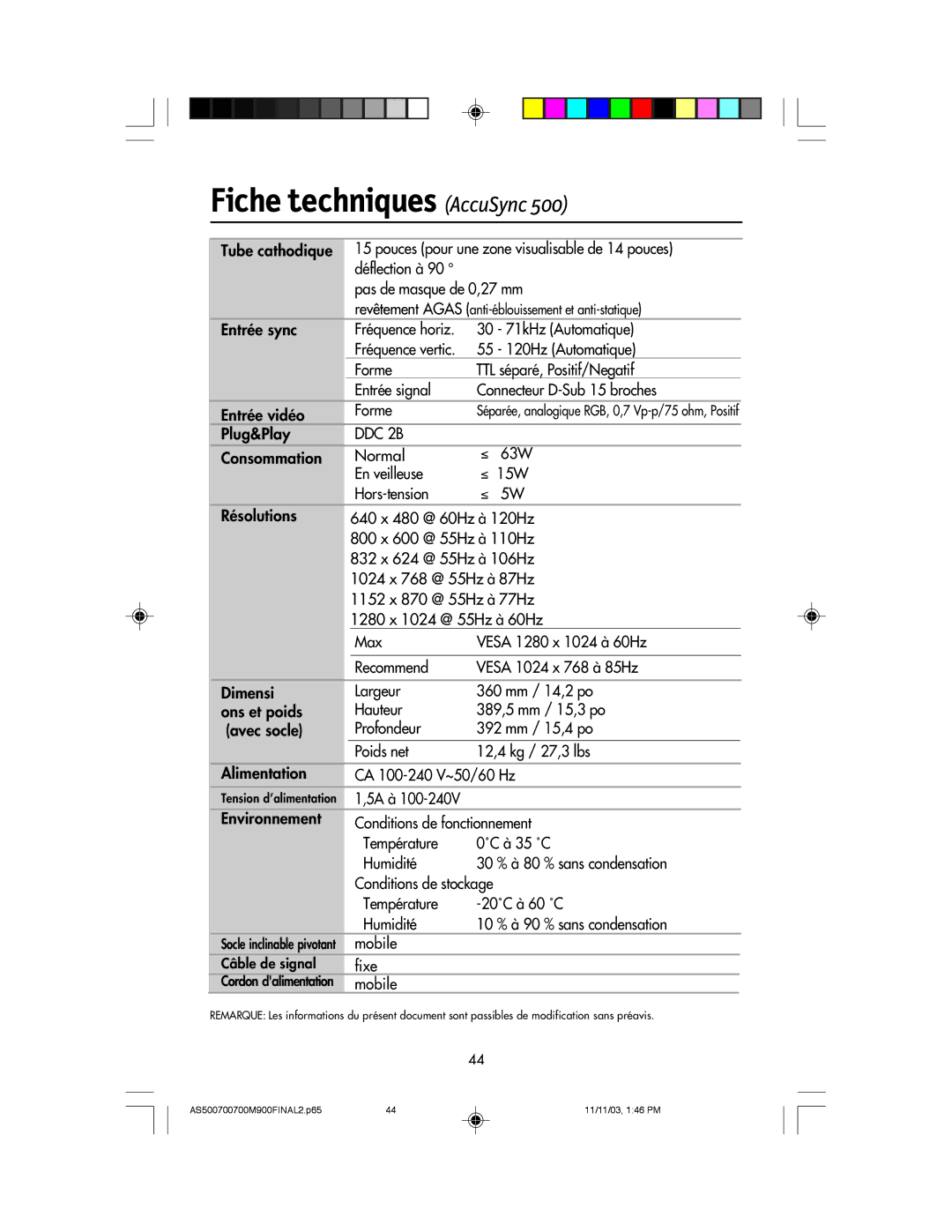 NEC 500, 700, 700M, 900 manual Plug&Play, Consommation Normal ≤ 63W En veilleuse ≤ 15W Hors-tension, Mobile, Fixe 