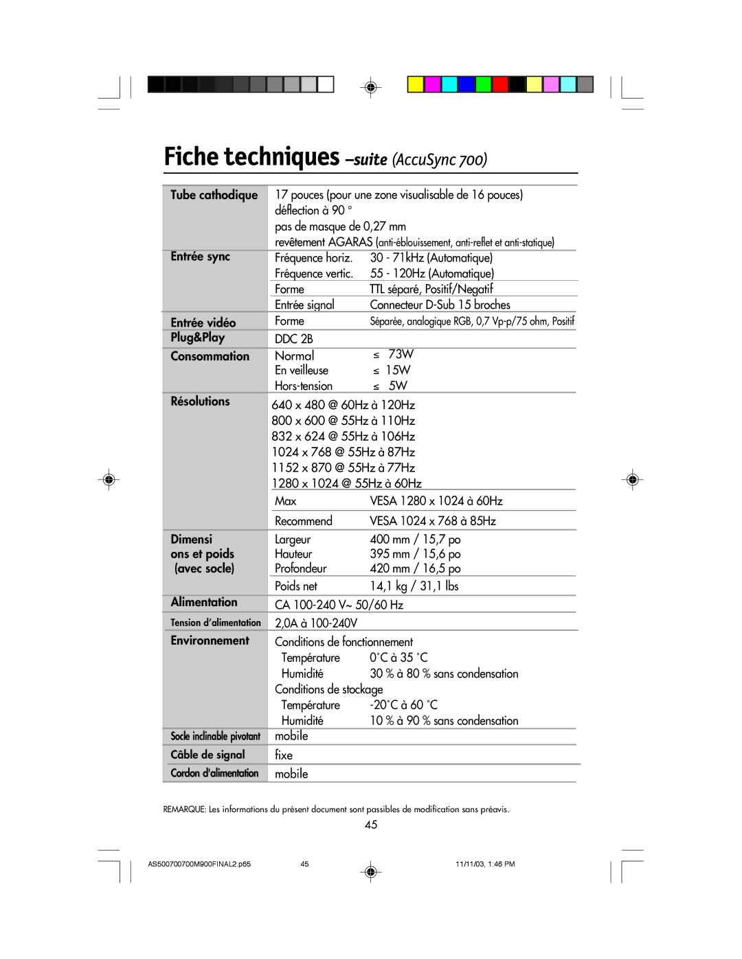 NEC 500, 700, 700M, 900 manual Fiche techniques -suite AccuSync, Consommation Normal ≤ 73W En veilleuse ≤ 15W Hors-tension 