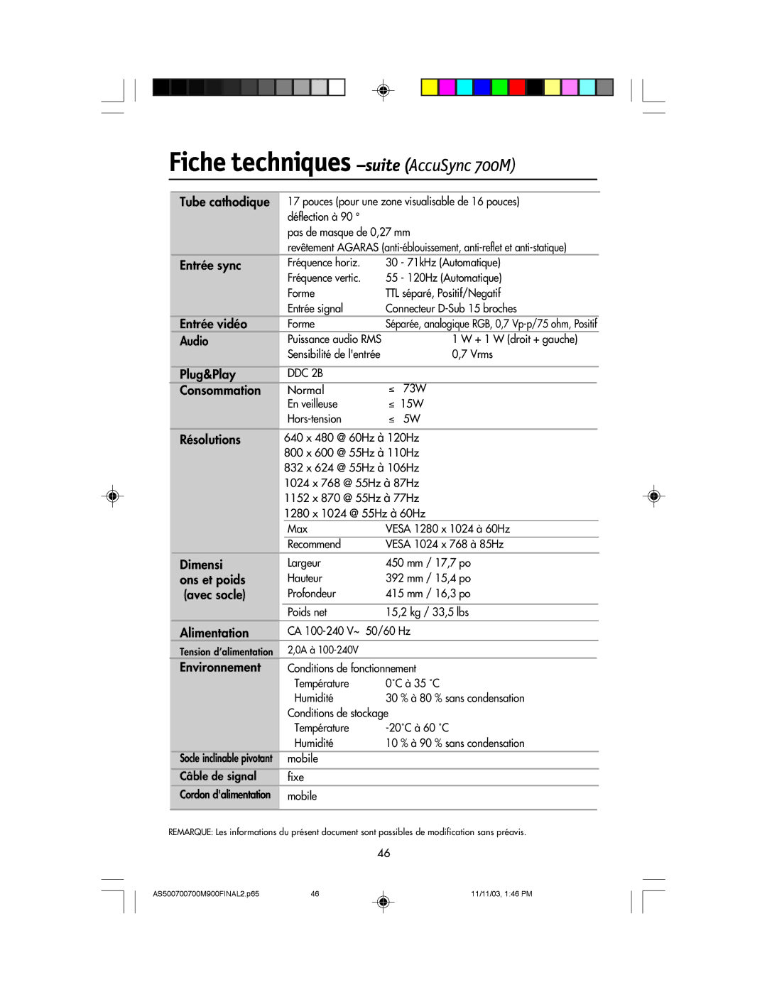 NEC 500, 700, 700M, 900 manual Fiche techniques -suite AccuSync 700M, Entrée sync, Consommation, Résolutions 