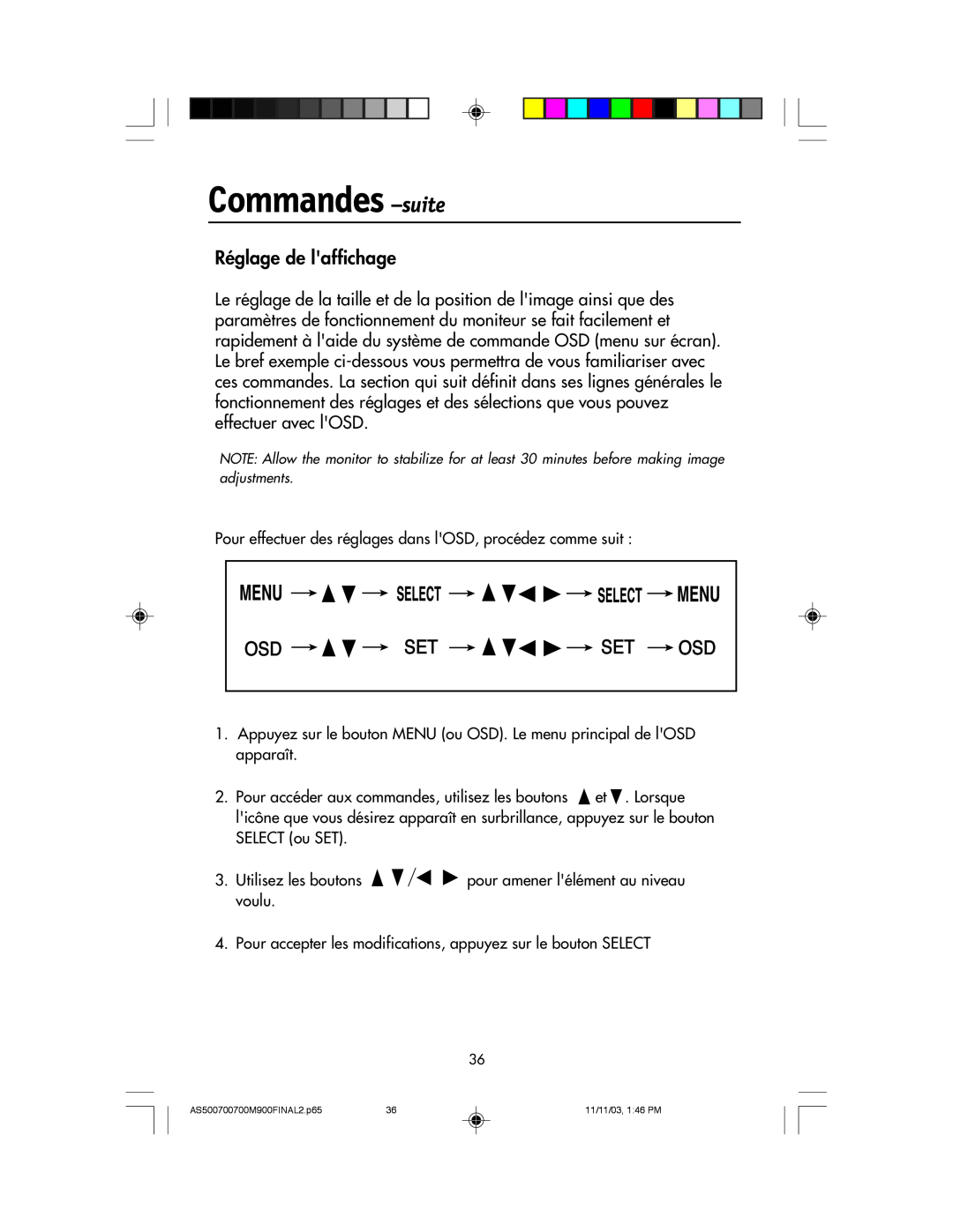 NEC 500, 700, 700M, 900 manual Commandes -suite, Réglage de laffichage 