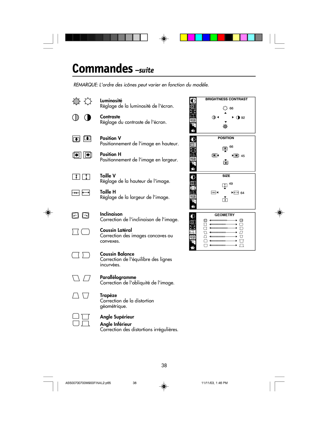 NEC 500, 700, 700M, 900 manual Commandes -suite, REMARQUE Lordre des icnes peut varier en fonction du modle 