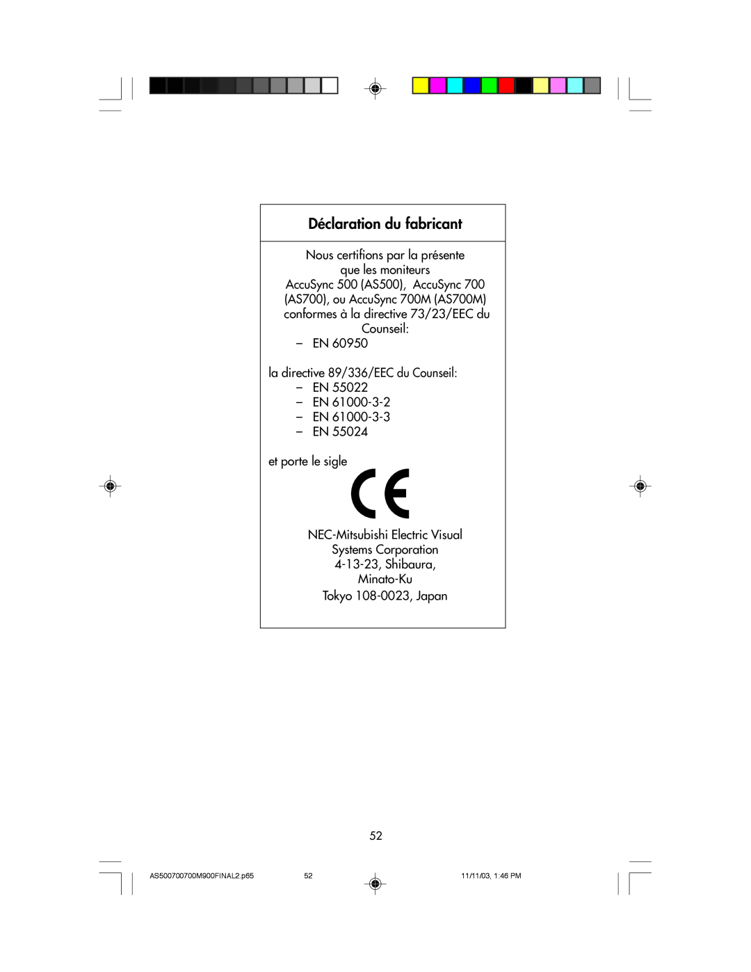 NEC 500, 700, 700M, 900 manual Déclaration du fabricant 