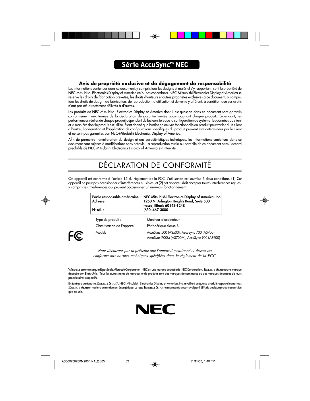 NEC 500, 700, 700M, 900 manual Série AccuSyncMC NEC, Déclaration De Conformité 