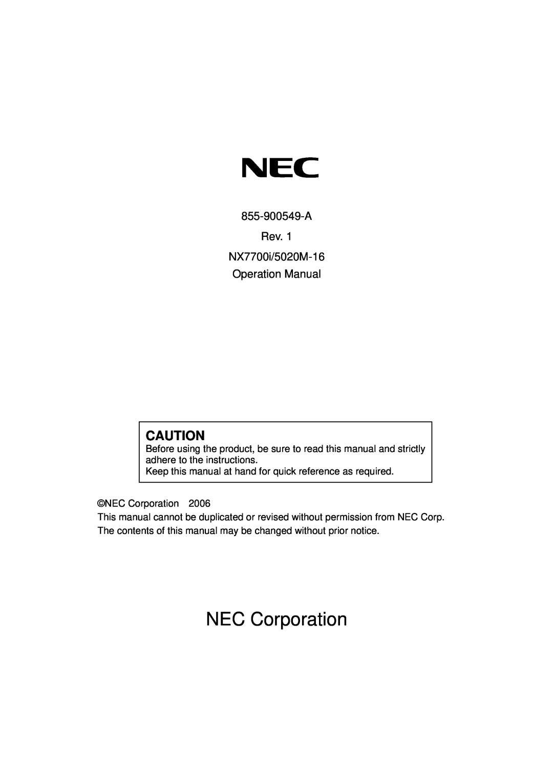 NEC operation manual A Rev NX7700i/5020M-16 Operation Manual, NEC Corporation 