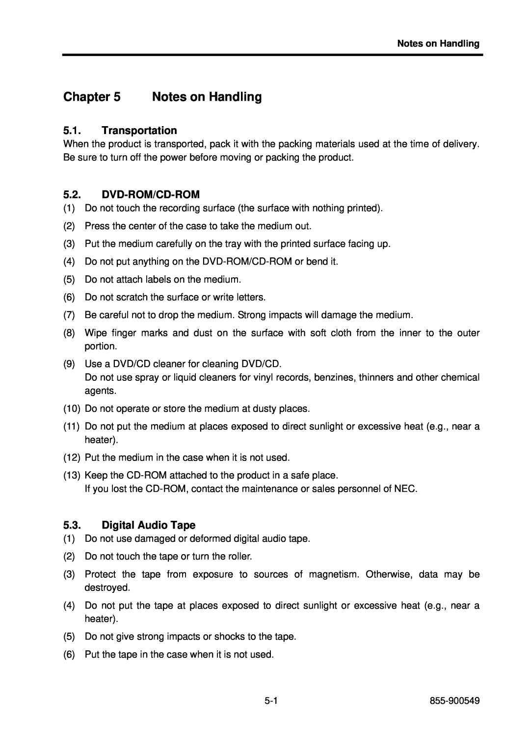 NEC 5020M-16, NX7700i operation manual Notes on Handling, Transportation, Dvd-Rom/Cd-Rom, Digital Audio Tape 