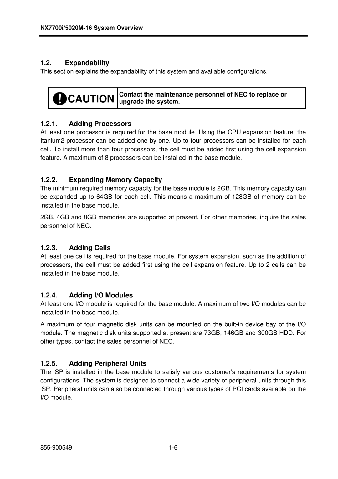 NEC 5020M-16, NX7700i Expandability, Adding Processors, Expanding Memory Capacity, Adding Cells, Adding I/O Modules 