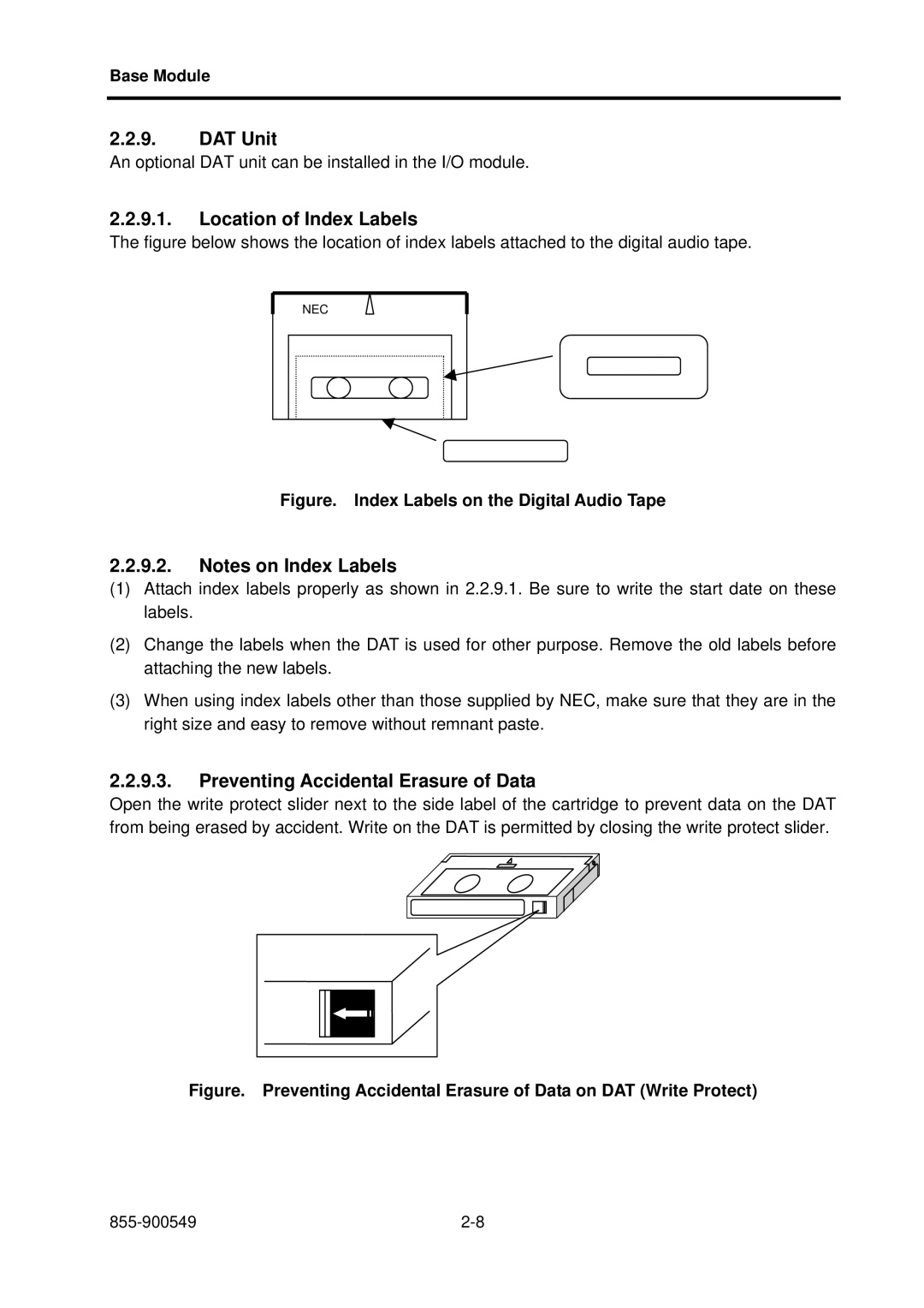 NEC NX7700i, 5020M-16 operation manual DAT Unit, Location of Index Labels, Preventing Accidental Erasure of Data 