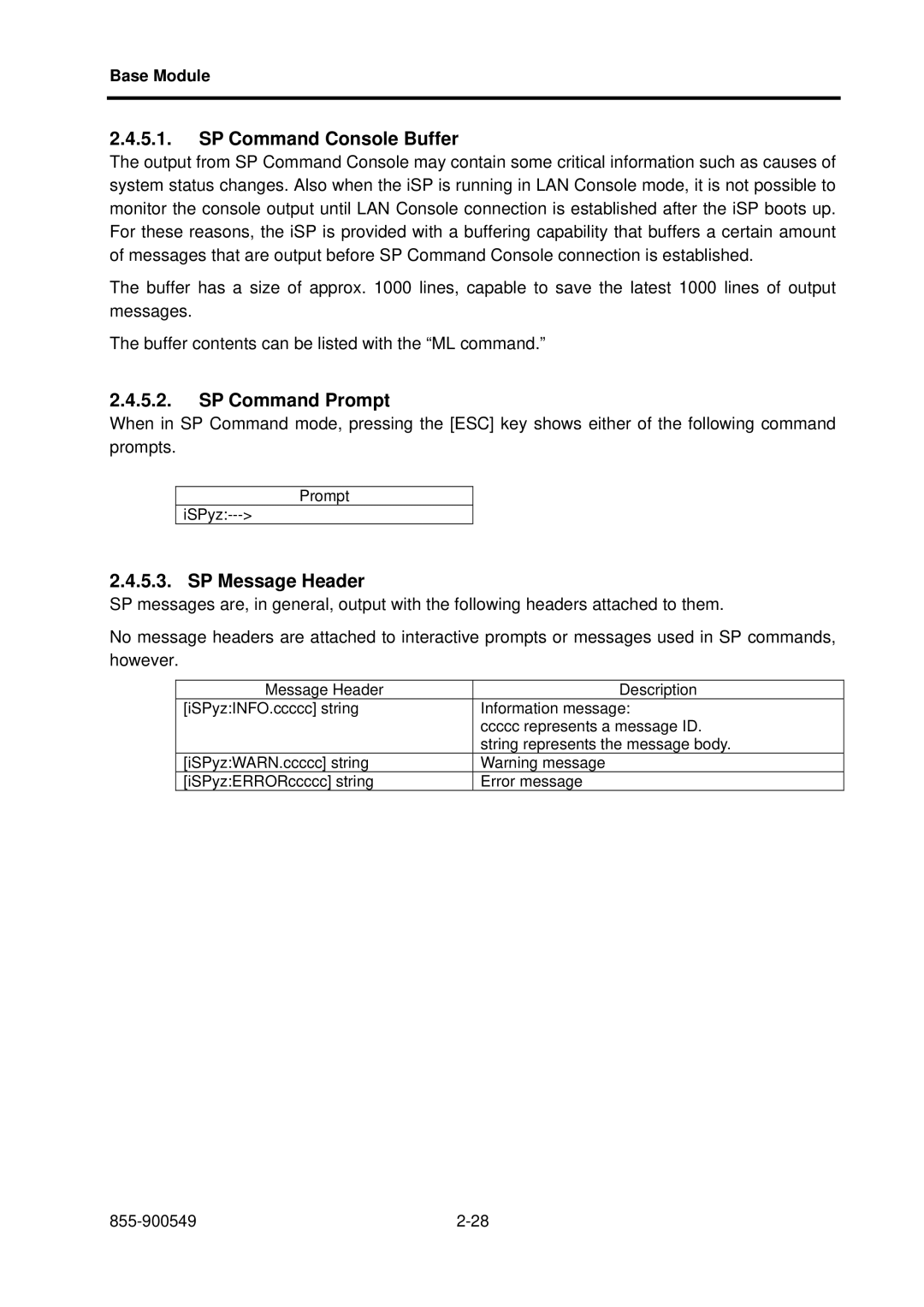 NEC NX7700i, 5020M-16 operation manual SP Command Console Buffer, SP Command Prompt, SP Message Header 