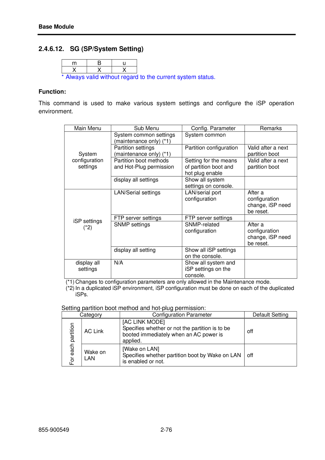 NEC NX7700i, 5020M-16 operation manual SG SP/System Setting, Setting partition boot method and hot-plug permission 