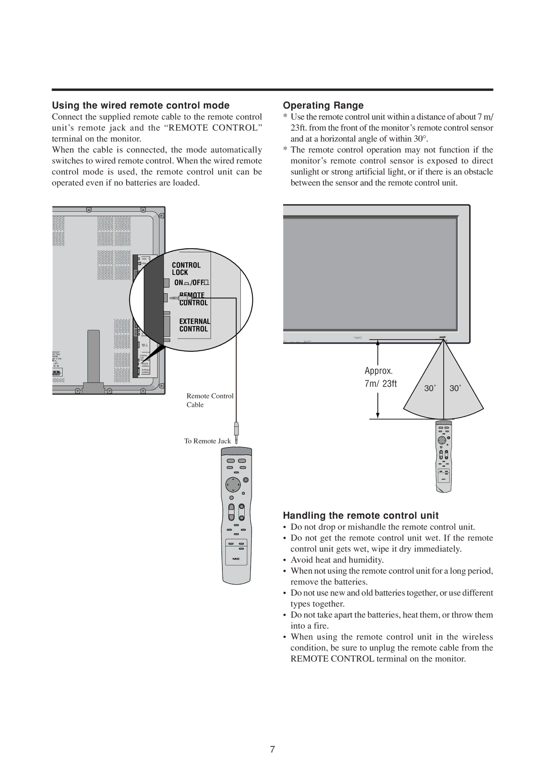 NEC 50MP1 Using the wired remote control mode, Operating Range, Handling the remote control unit, Approx 7m/ 23ft 