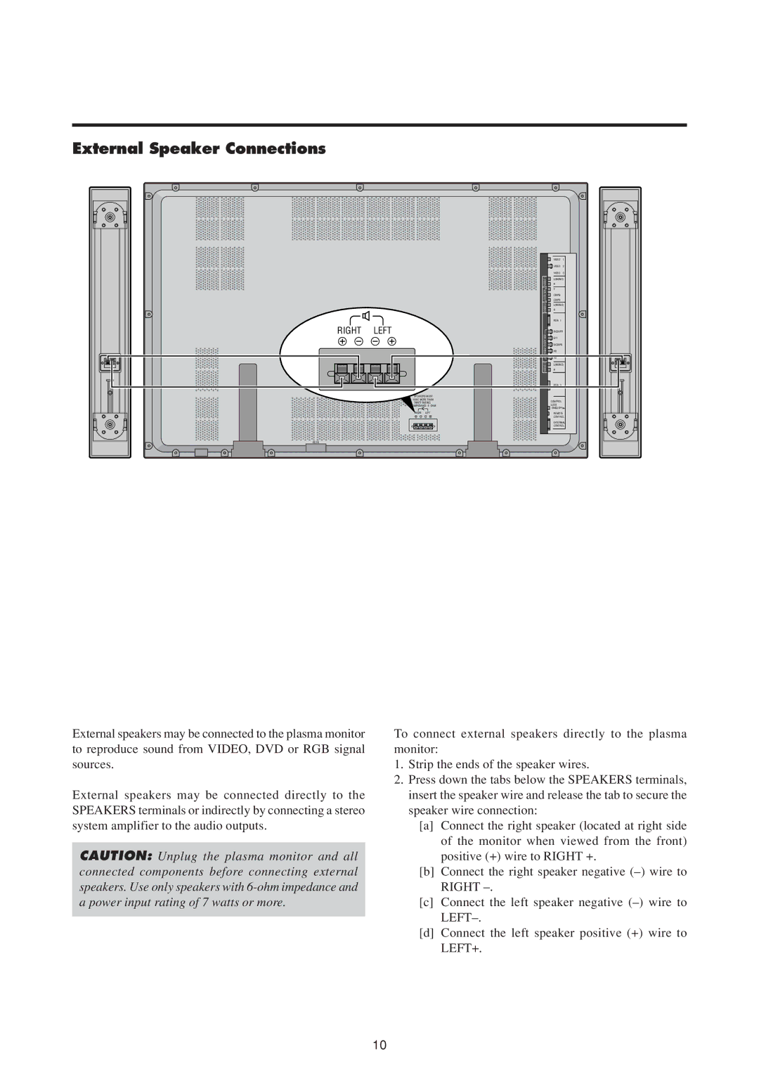 NEC 50MP1 user manual External Speaker Connections, Right Left 