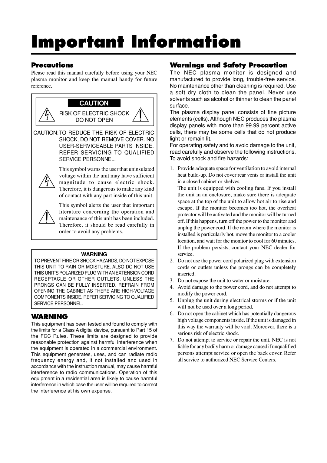 NEC 50MP1 user manual Important Information, Precautions 