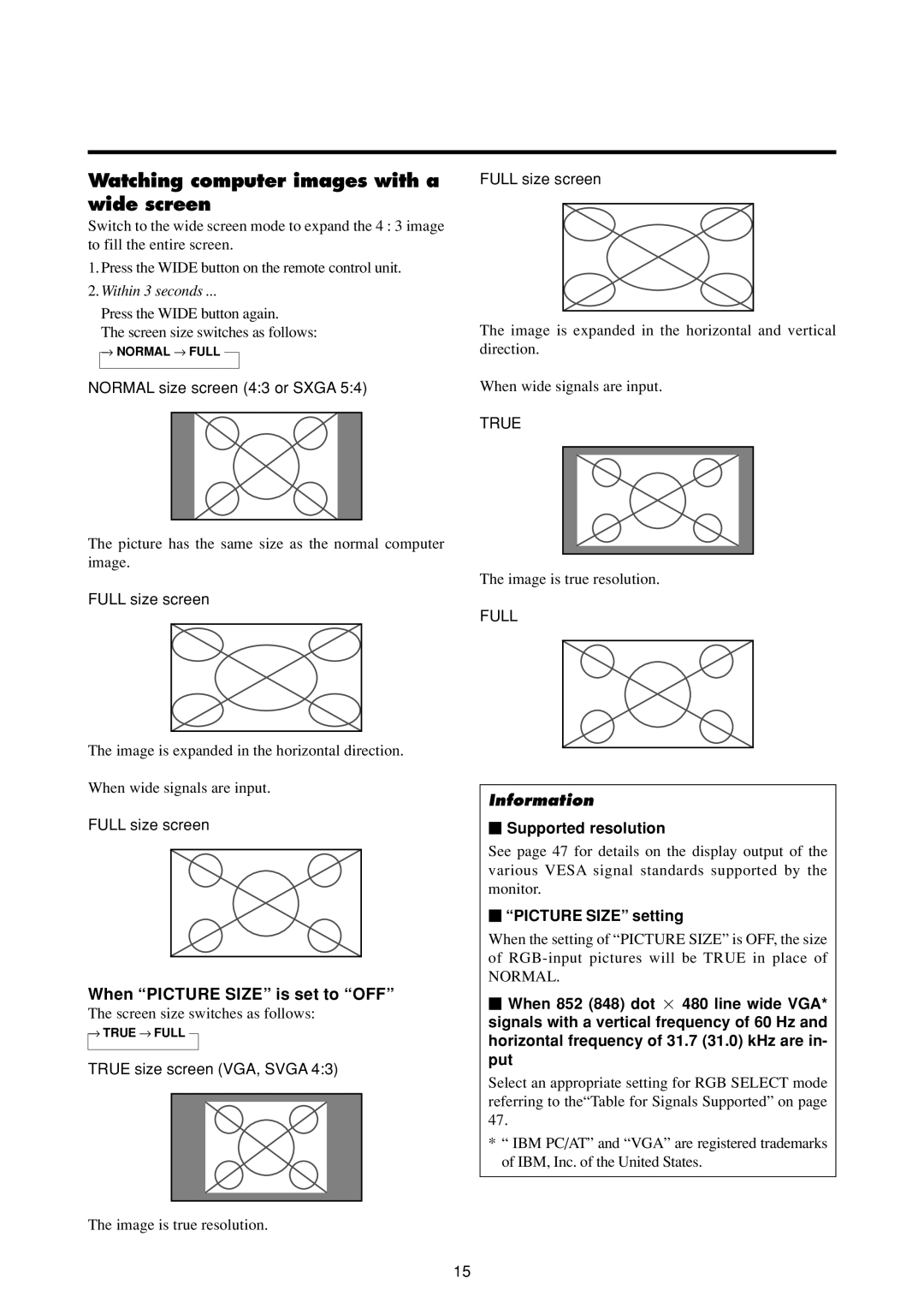 NEC 50MP1 user manual Watching computer images with a wide screen, When Picture Size is set to OFF,  Supported resolution 