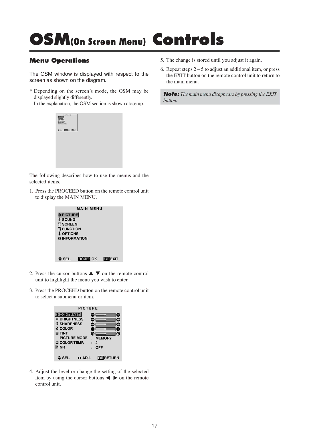 NEC 50MP1 user manual OSMOn Screen Menu Controls, Menu Operations 