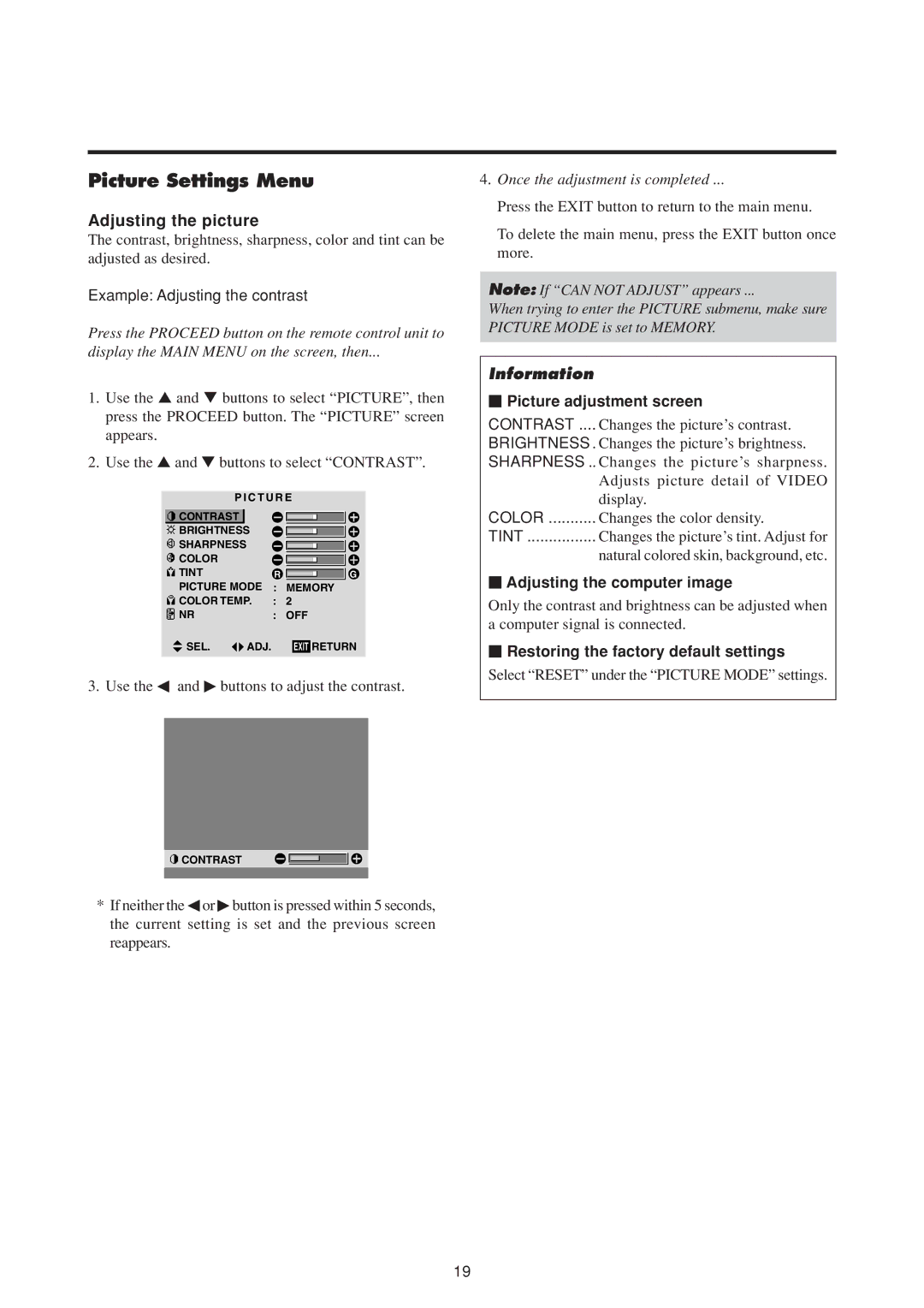 NEC 50MP1 Picture Settings Menu, Adjusting the picture,  Picture adjustment screen,  Adjusting the computer image 