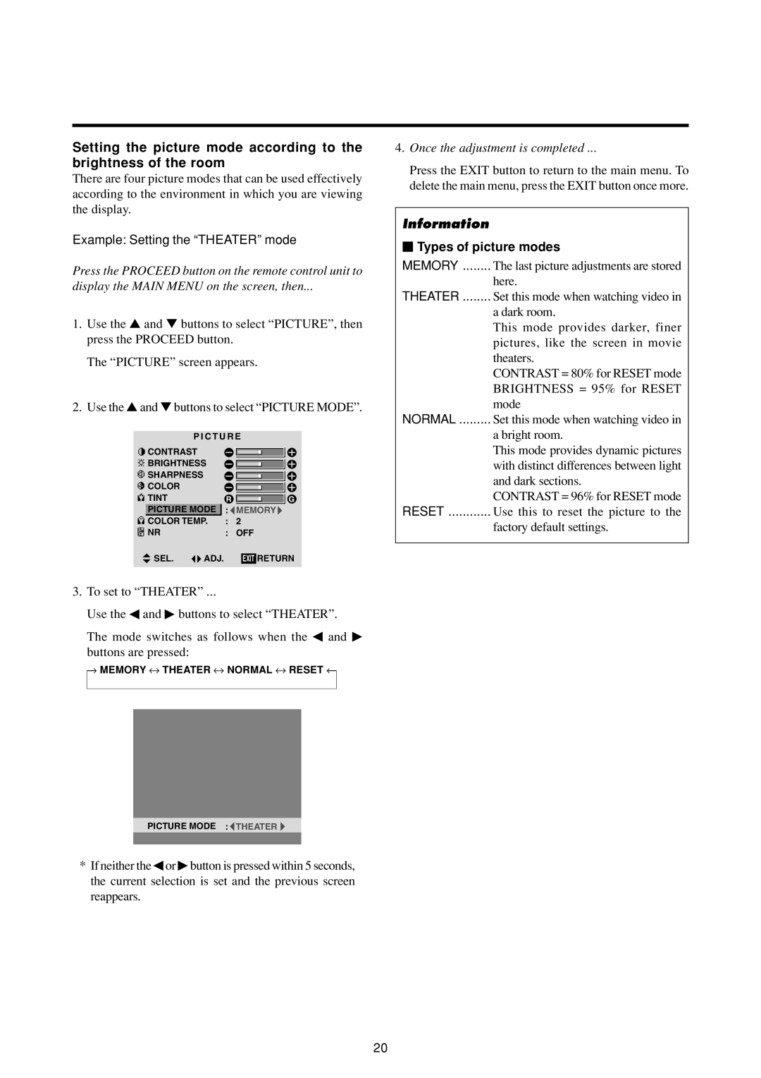 NEC 50MP1 user manual Example Setting the Theater mode,  Types of picture modes 