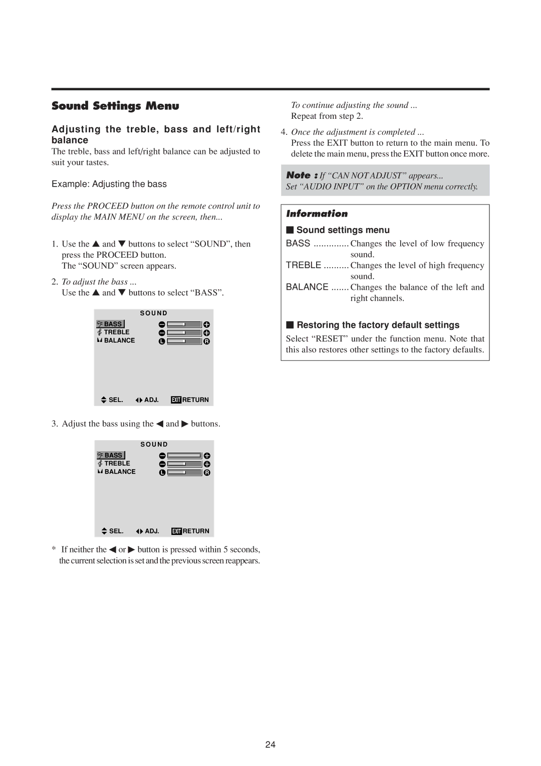 NEC 50MP1 user manual Sound Settings Menu, Adjusting the treble, bass and left/right balance, Example Adjusting the bass 