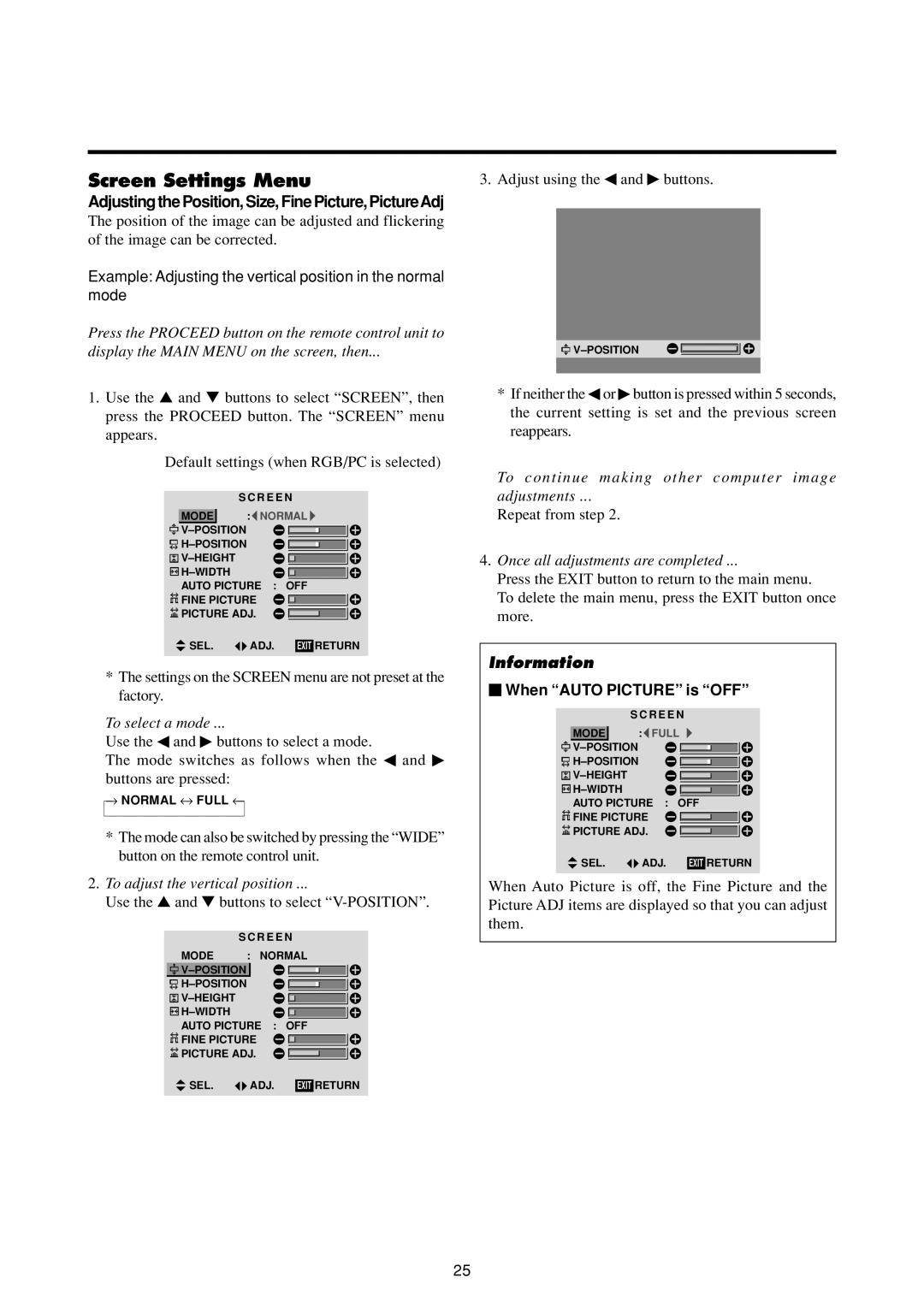 NEC 50MP1 Screen Settings Menu, Adjusting the Position, Size, Fine Picture, PictureAdj, When Auto Picture is OFF 