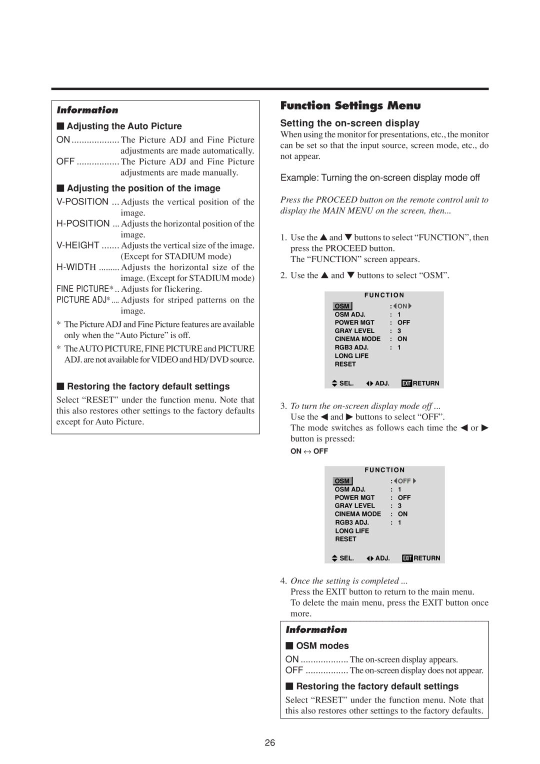 NEC 50MP1 user manual Function Settings Menu, Setting the on-screen display 