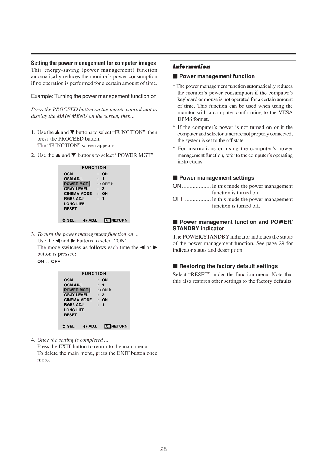 NEC 50MP1 user manual Setting the power management for computer images, Example Turning the power management function on 