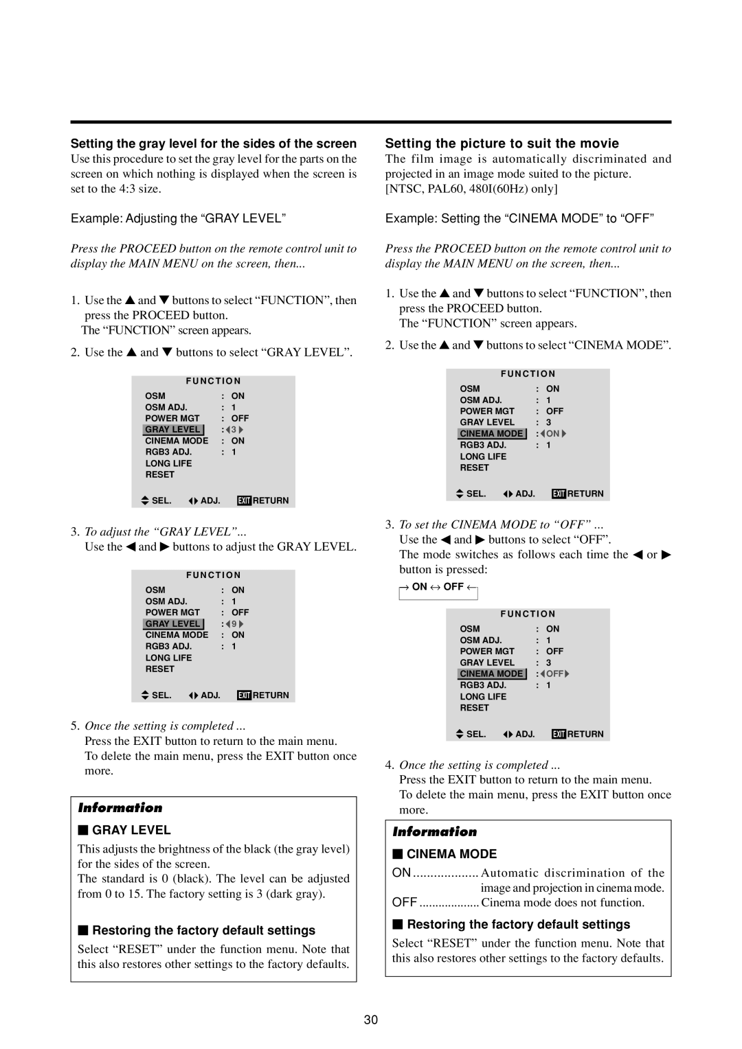 NEC 50MP1 Setting the picture to suit the movie, Example Adjusting the Gray Level, Example Setting the Cinema Mode to OFF 