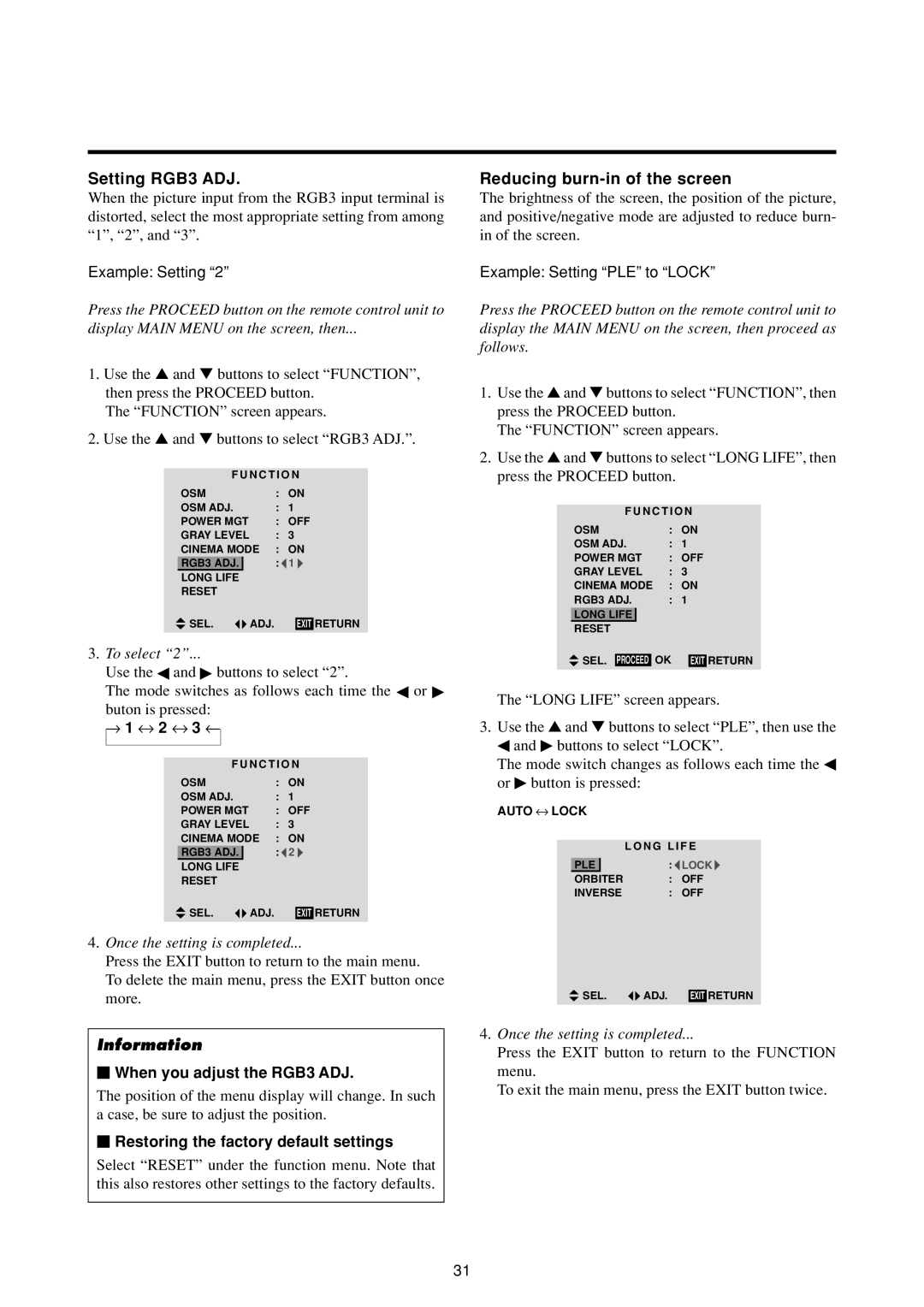 NEC 50MP1 user manual Setting RGB3 ADJ, Reducing burn-in of the screen, Example Setting PLE to Lock, To select 