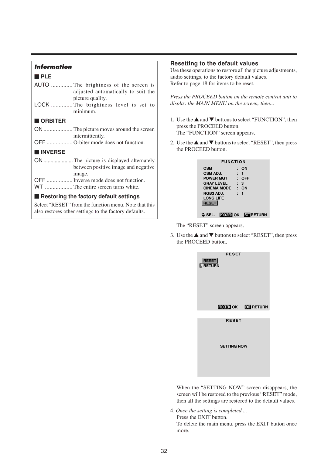 NEC 50MP1 user manual Resetting to the default values, Ple, Orbiter, Inverse 