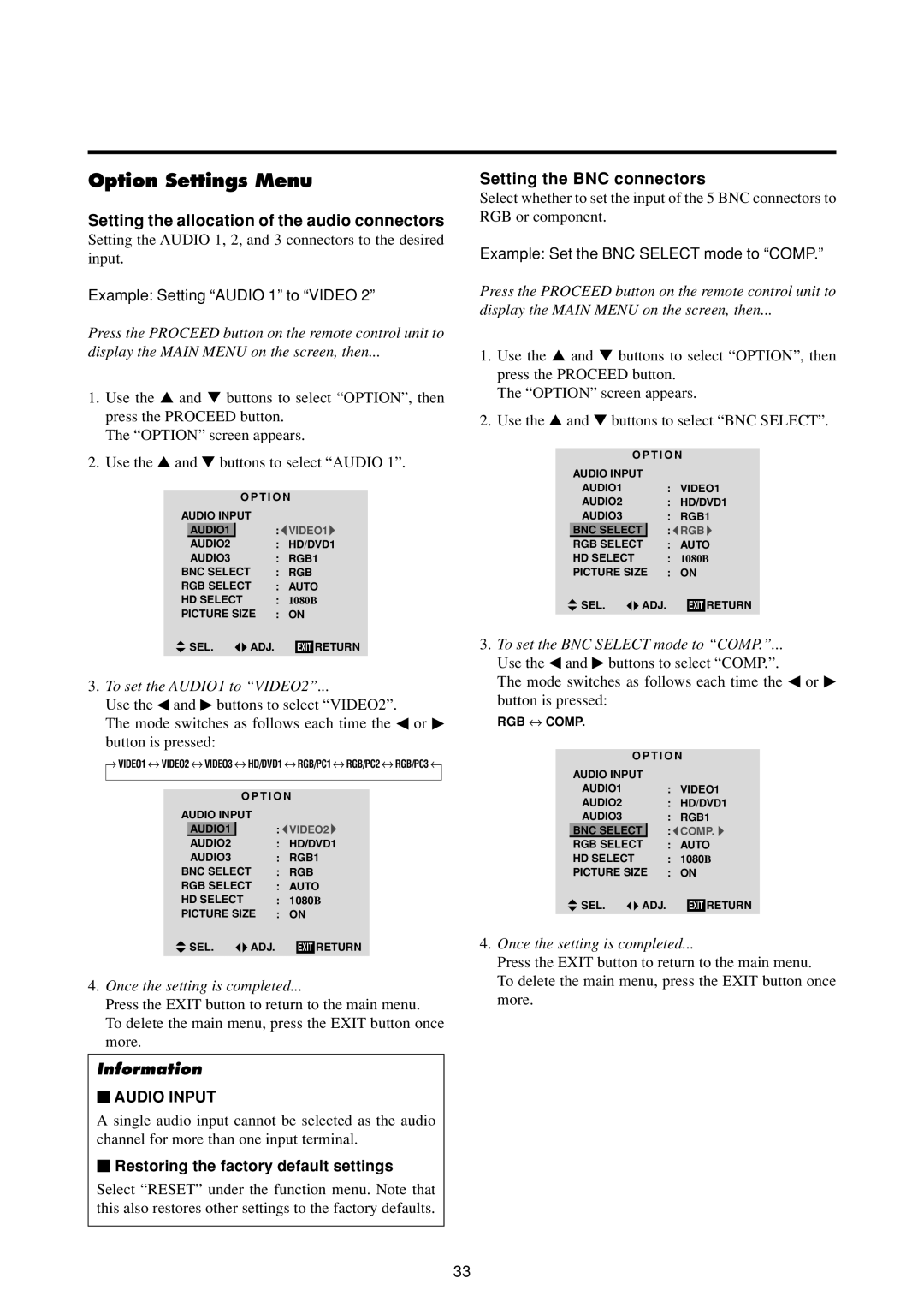 NEC 50MP1 Option Settings Menu, Setting the allocation of the audio connectors, Setting the BNC connectors, Audio Input 