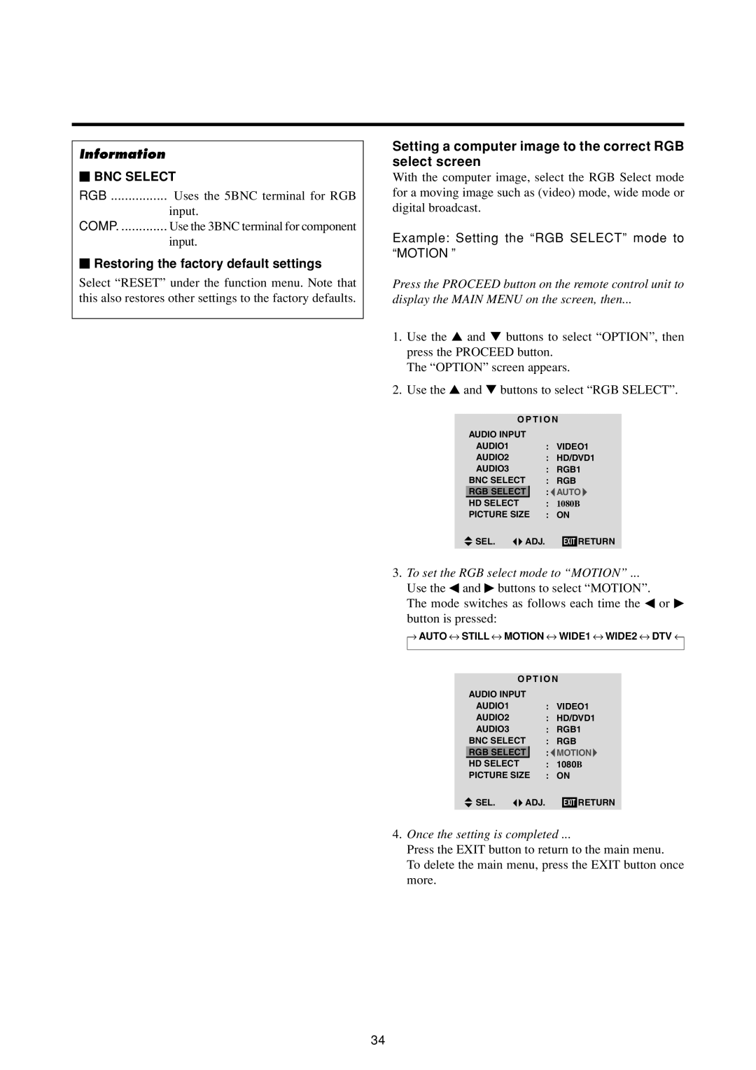 NEC 50MP1 Setting a computer image to the correct RGB select screen, BNC Select, To set the RGB select mode to Motion 