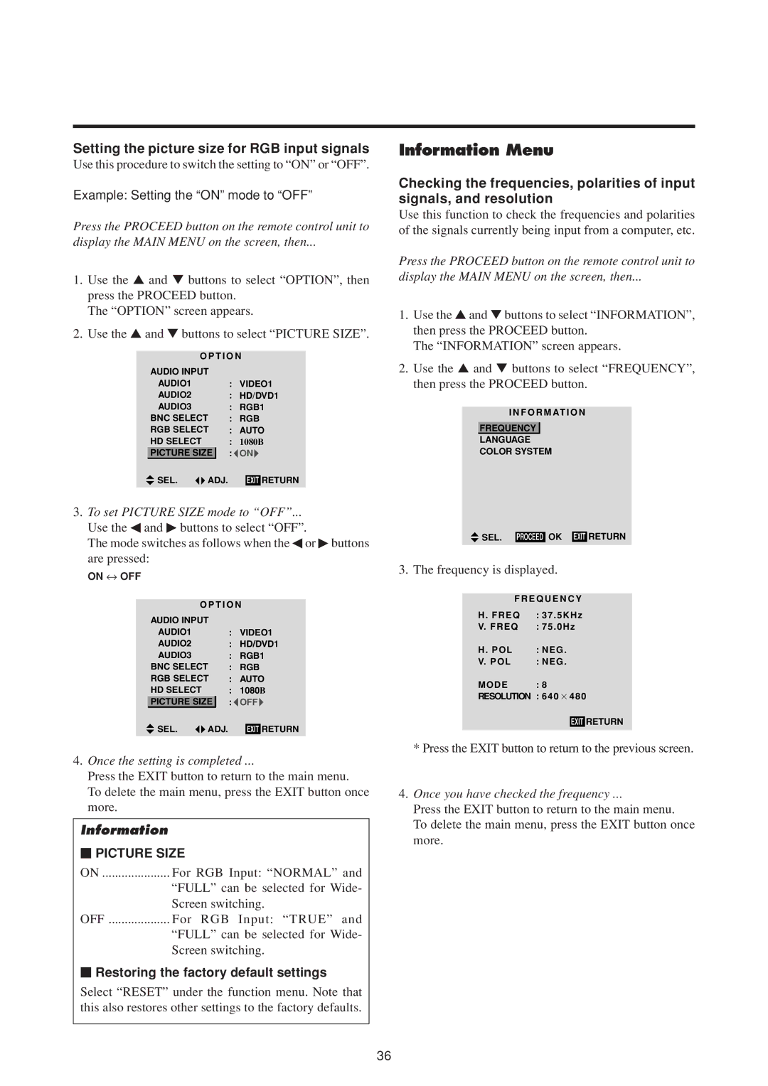 NEC 50MP1 user manual Information Menu, Setting the picture size for RGB input signals, Example Setting the on mode to OFF 