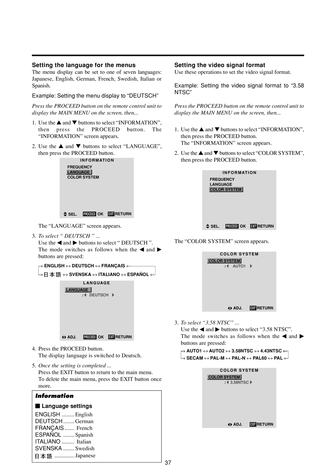 NEC 50MP1 Setting the language for the menus, Setting the video signal format, Example Setting the menu display to Deutsch 