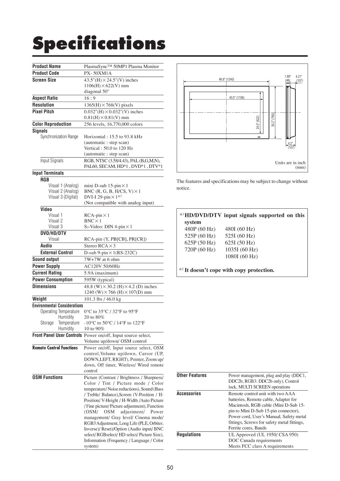 NEC 50MP1 user manual Specifications, Signals 