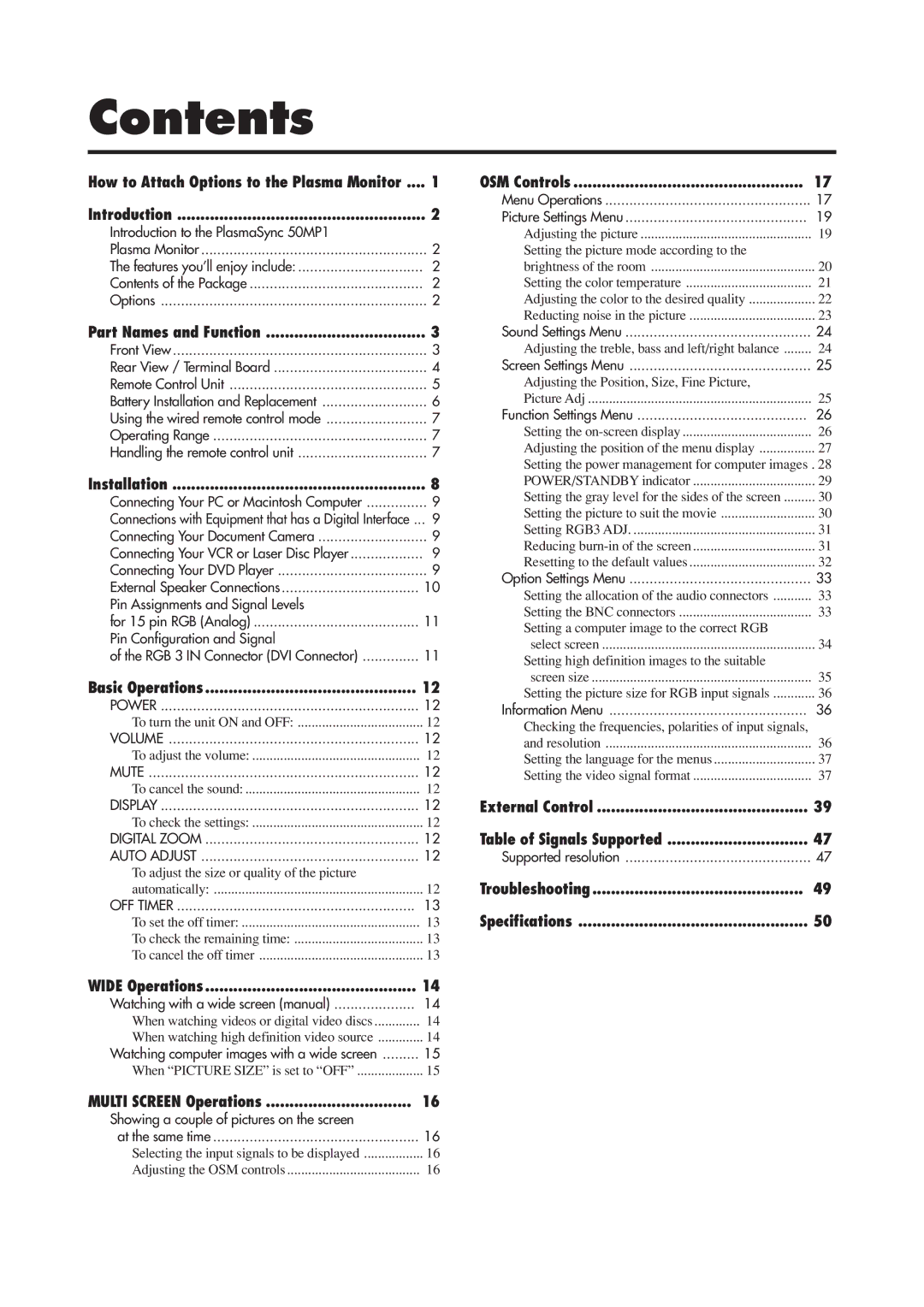 NEC 50MP1 user manual Contents 