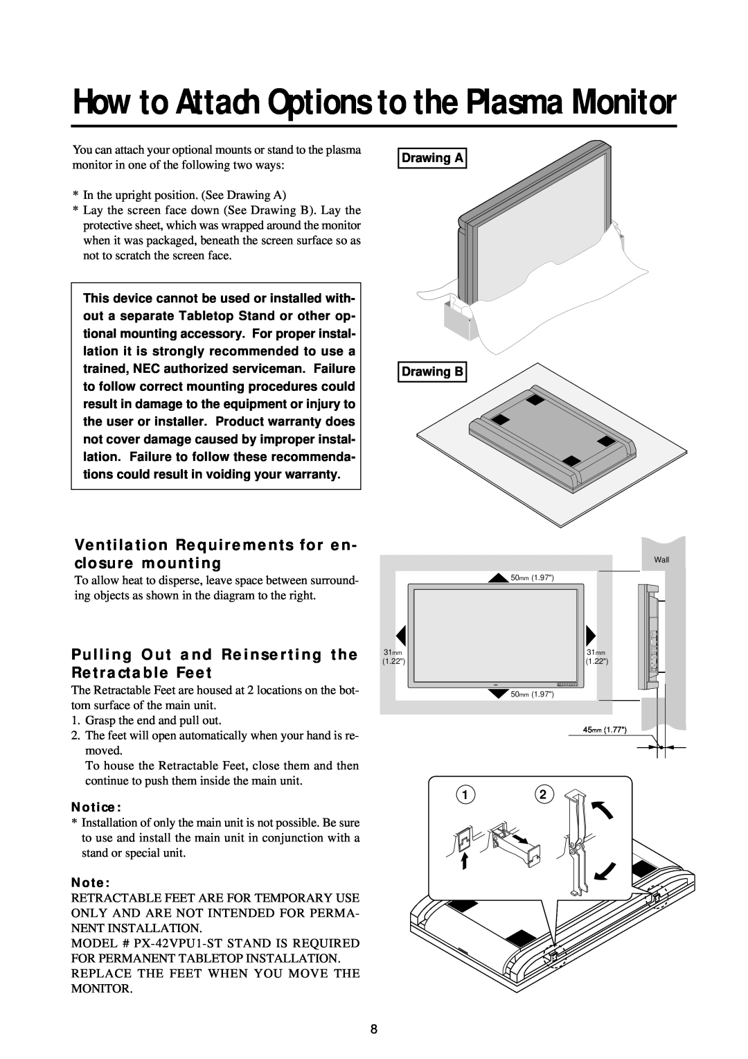 NEC 50PD1, 42PD2 Ventilation Requirements for en- closure mounting, Pulling Out and Reinserting the Retractable Feet 