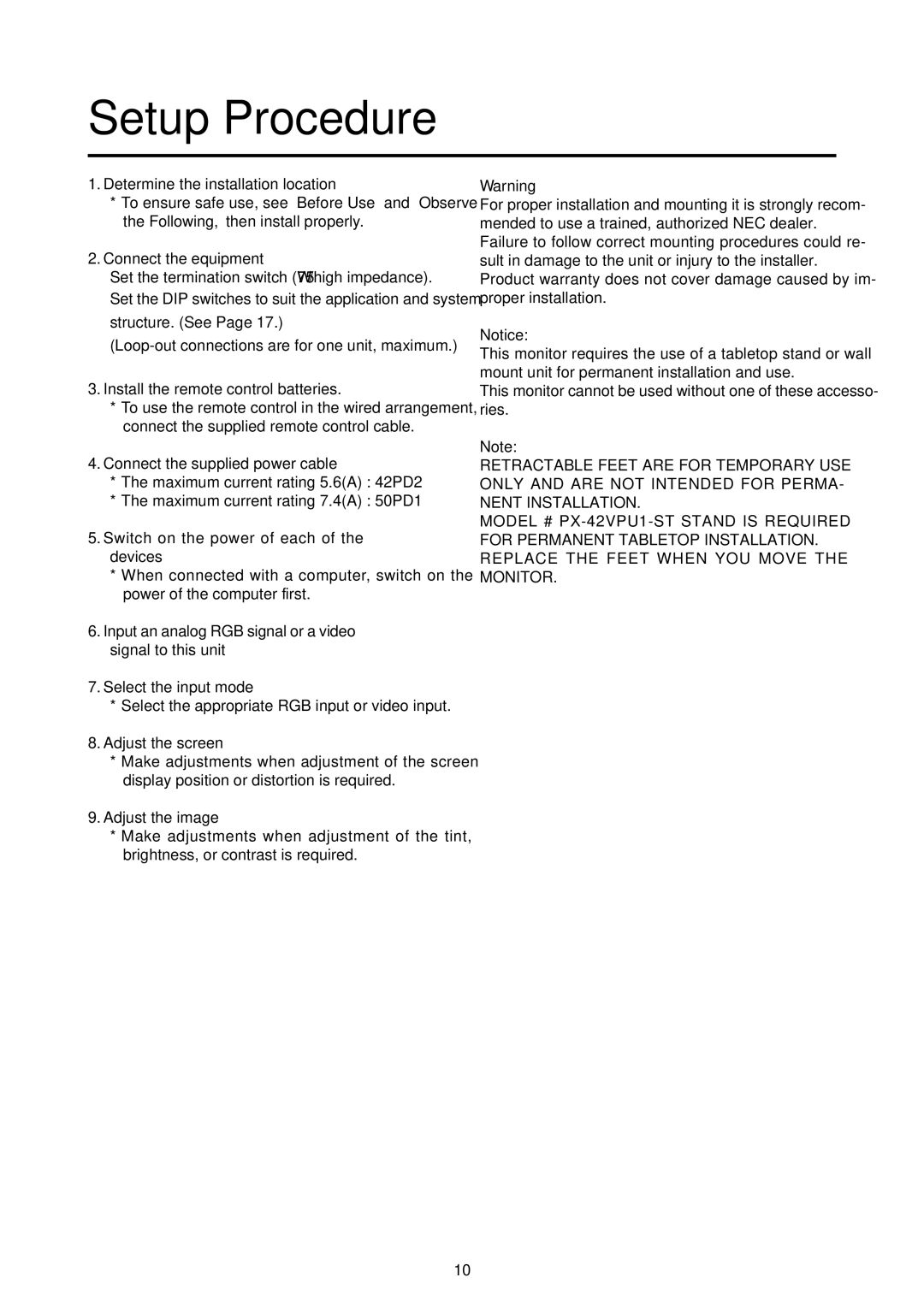 NEC 50PD1, 42PD2, 42PD2, 50PD1 user manual Setup Procedure, Connect the equipment 