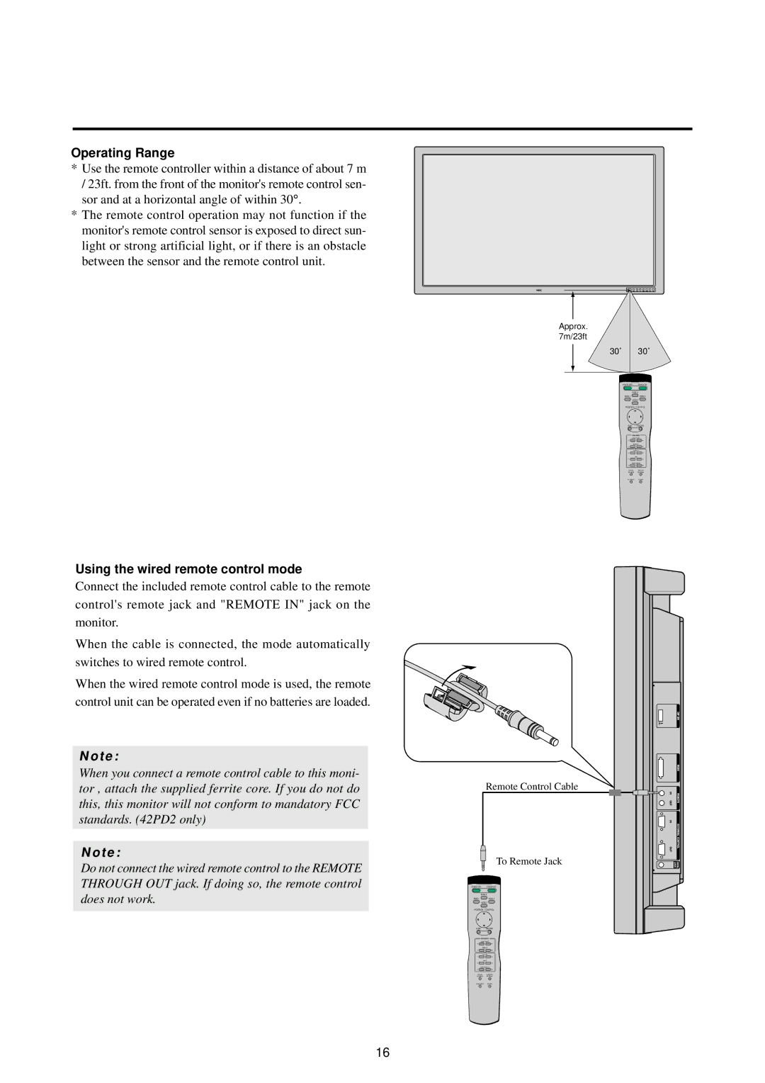 NEC 50PD1, 42PD2, 42PD2, 50PD1 user manual Operating Range, Using the wired remote control mode 