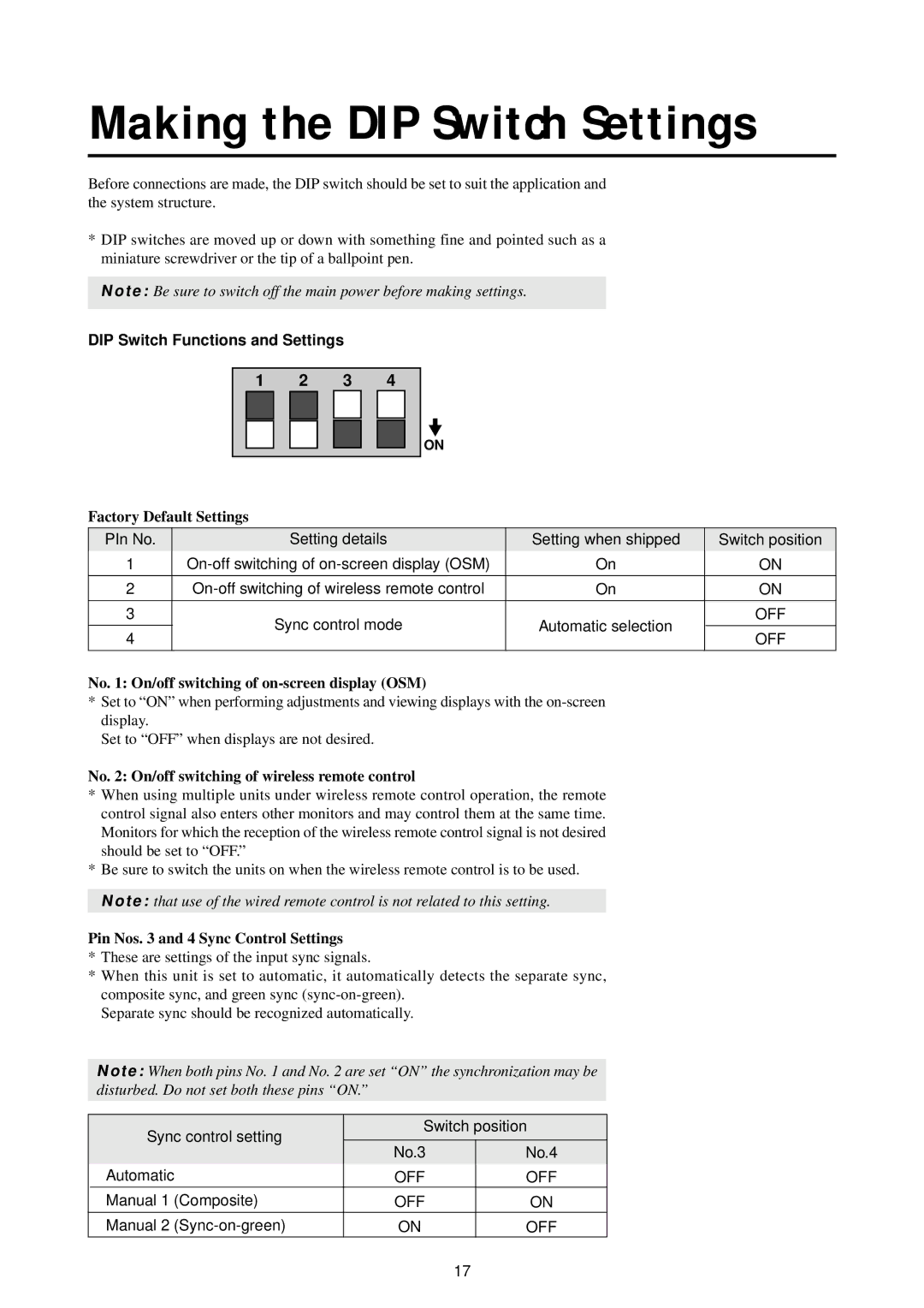 NEC 42PD2, 50PD1, 50PD1, 42PD2 user manual Making the DIP Switch Settings, DIP Switch Functions and Settings 