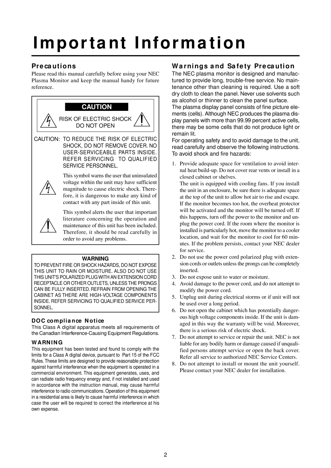 NEC 50PD1, 42PD2, 42PD2, 50PD1 user manual Important Information, Precautions 