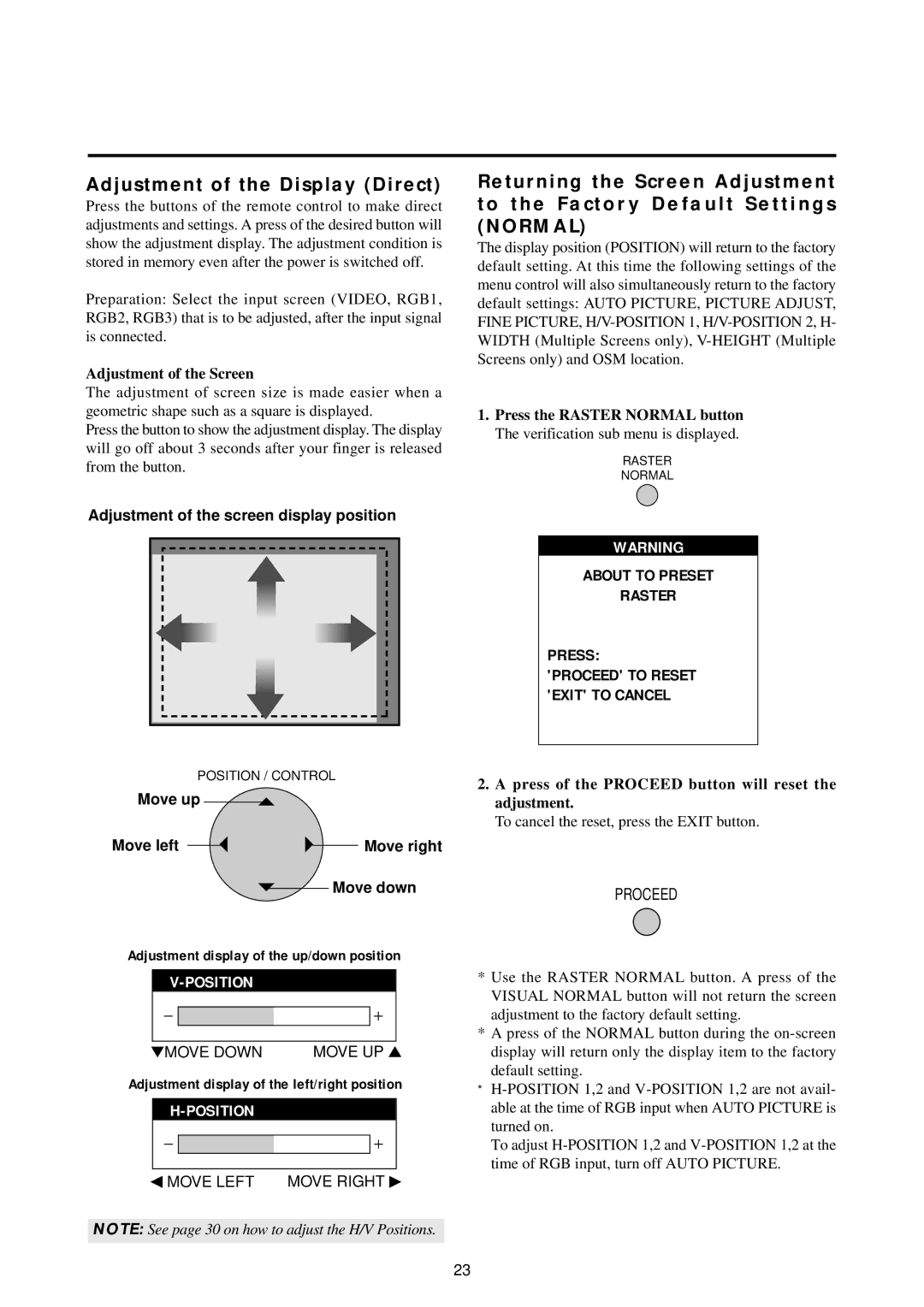 NEC 42PD2, 50PD1 Adjustment of the Display Direct, About to Preset Raster Press, Adjustment of the screen display position 