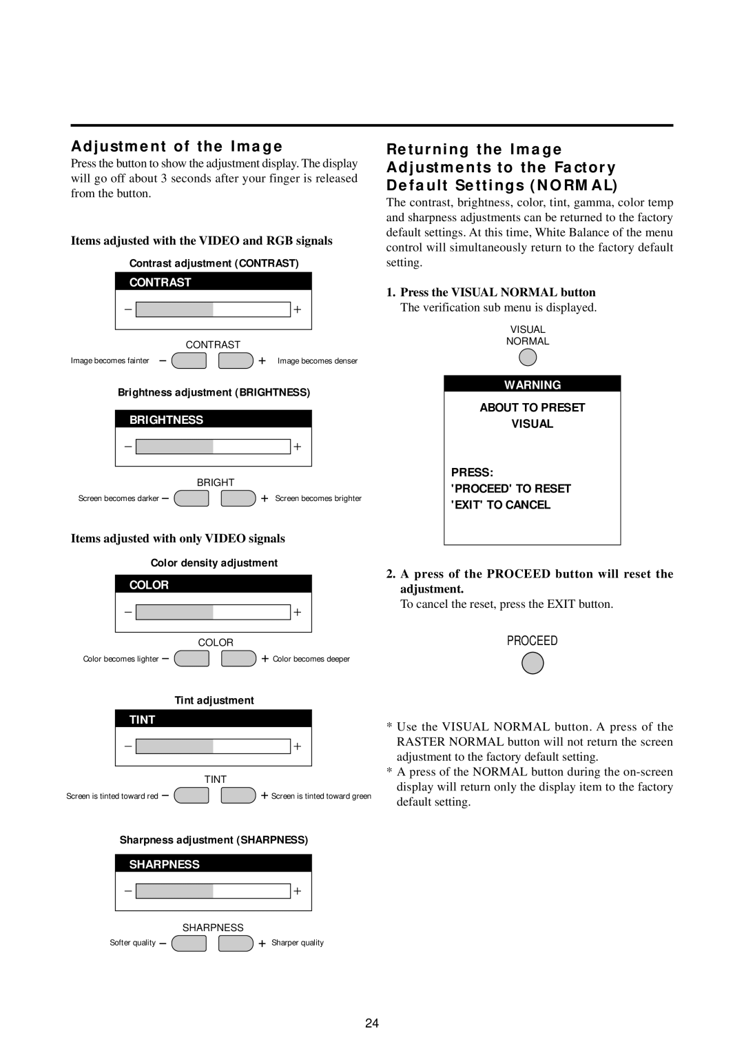 NEC 50PD1, 42PD2, 42PD2, 50PD1 user manual Adjustment of the Image, About to Preset Visual Press 