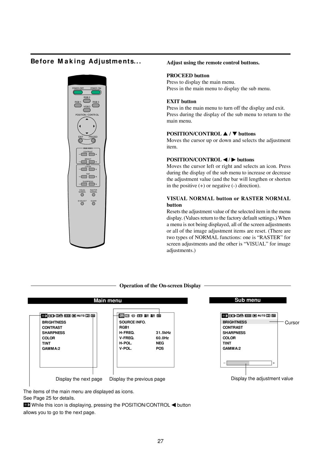 NEC 42PD2, 50PD1, 50PD1, 42PD2 user manual Before Making Adjustments 