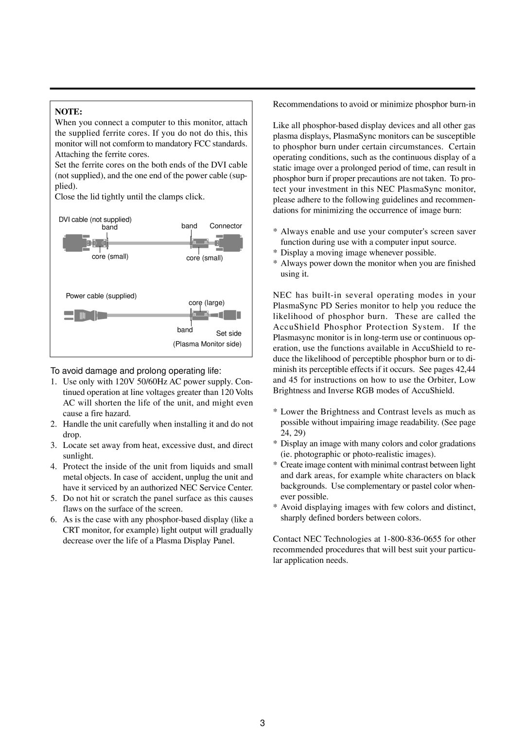 NEC 42PD2, 50PD1, 50PD1, 42PD2 user manual To avoid damage and prolong operating life 